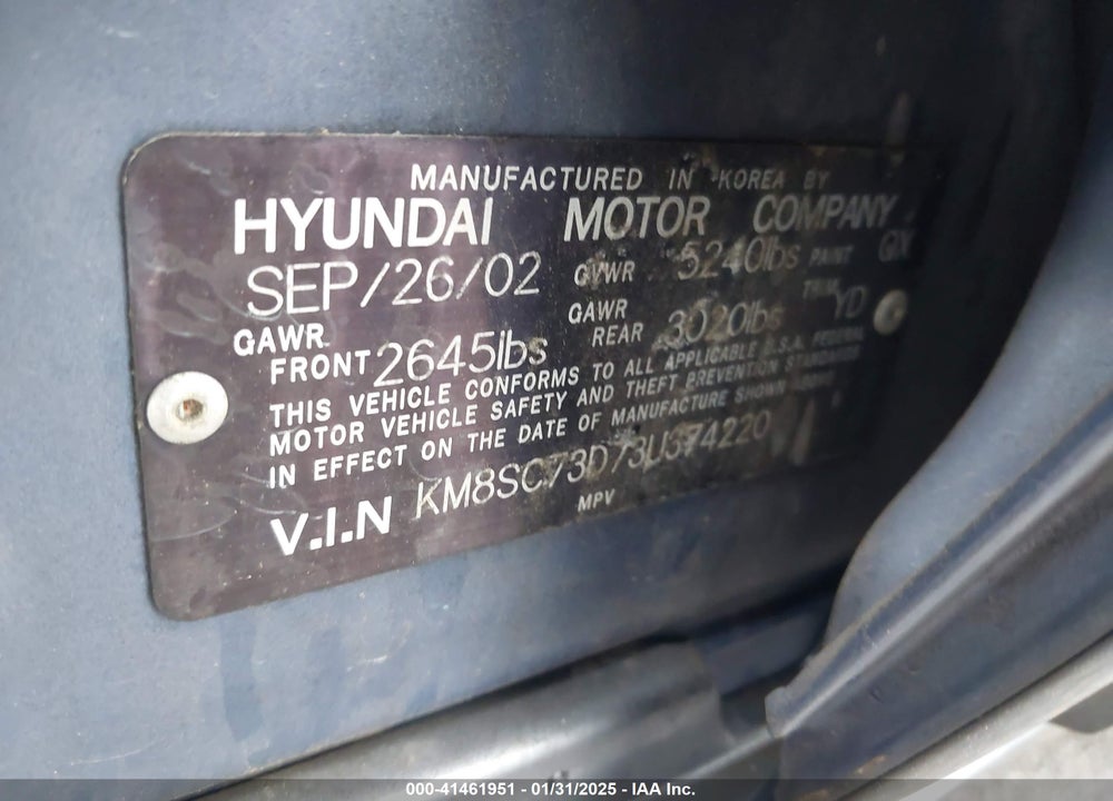 2003 HYUNDAI SANTA FE GLS/LX VIN: KM8SC73D73U374220