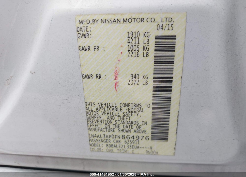 2015 NISSAN ALTIMA VIN: 1N4AL3AP0FN864976