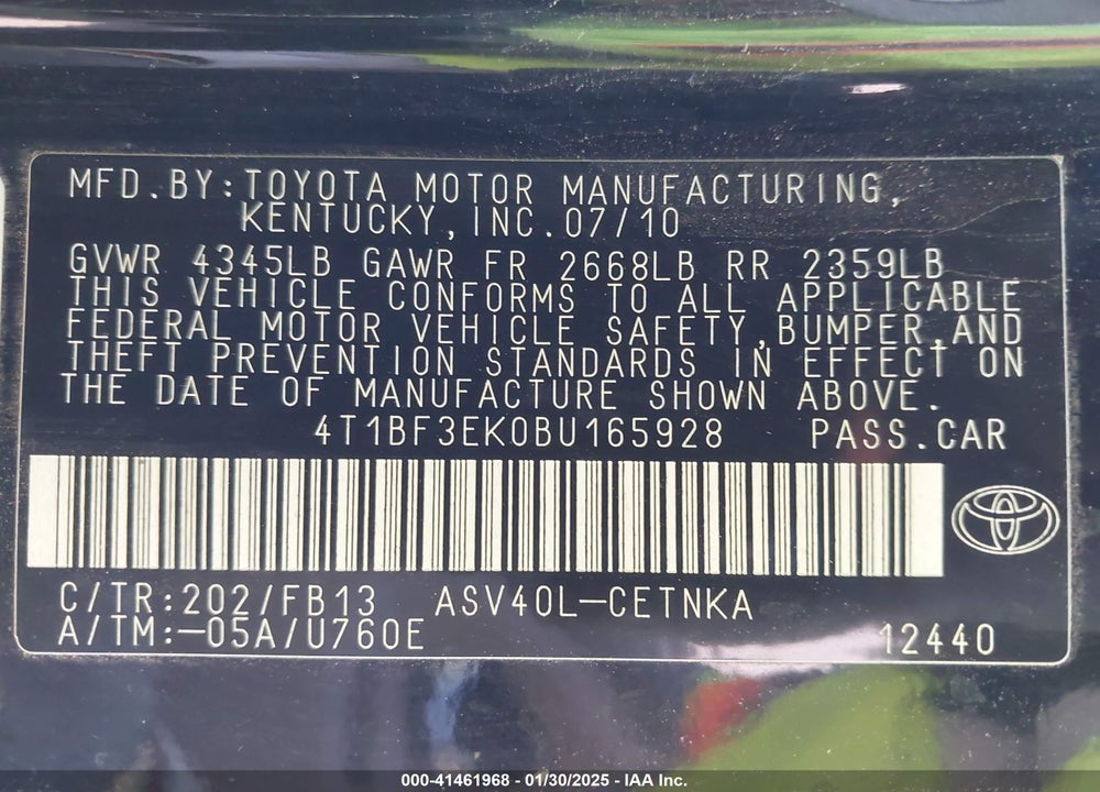 2011 TOYOTA CAMRY VIN: 4T1BF3EK0BU165928