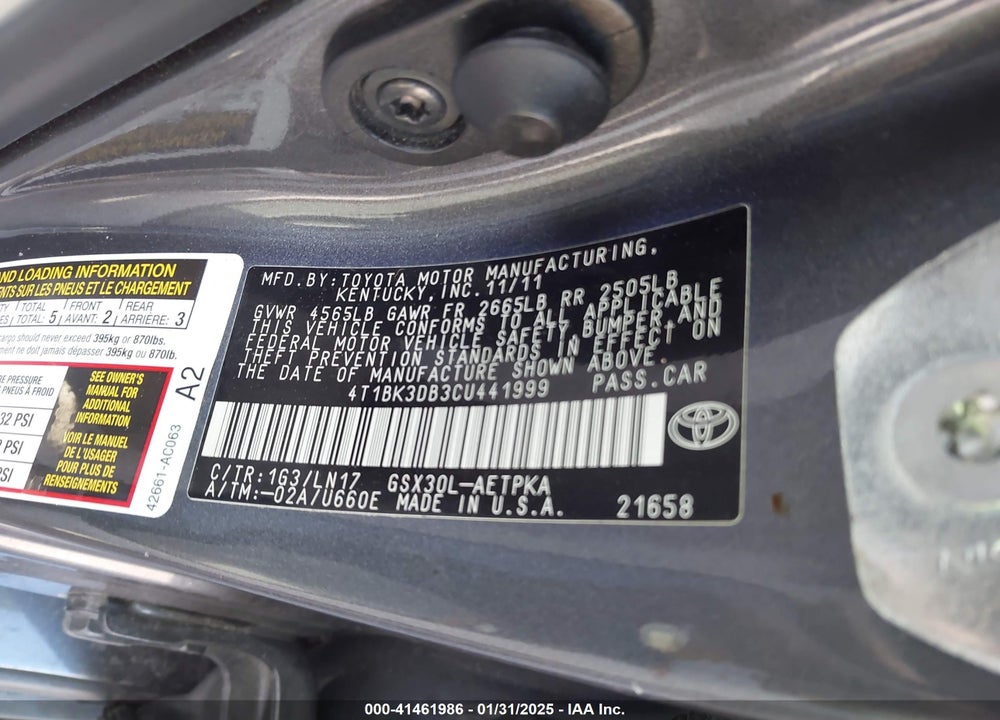 2012 TOYOTA AVALON LIMITED VIN: 4T1BK3DB3CU441999