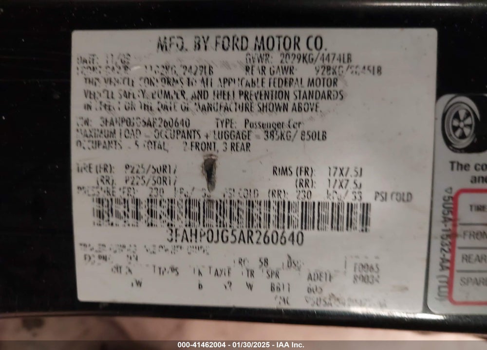 2010 FORD FUSION VIN: 3FAHP0JG5AR260640