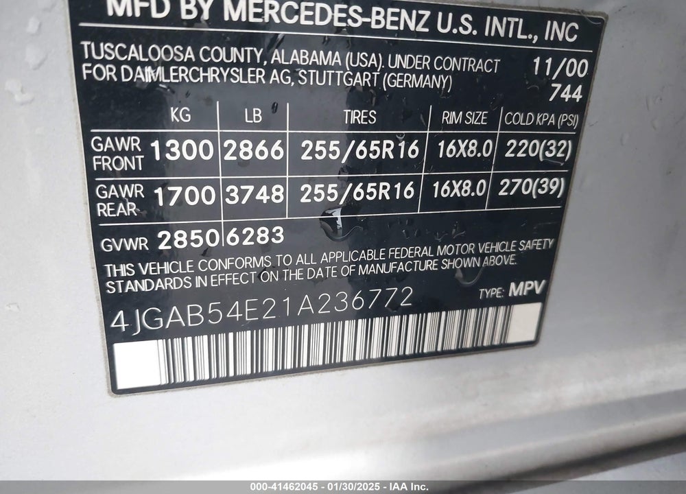 2001 MERCEDES-BENZ ML 320 VIN: 4JGAB54E21A236772