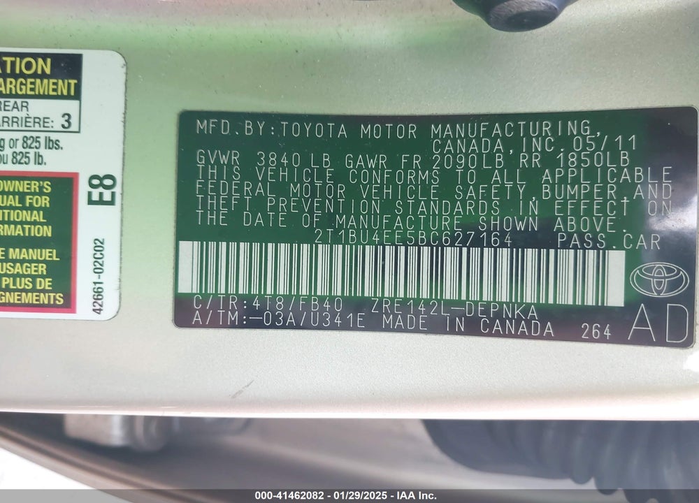 2011 TOYOTA COROLLA LE VIN: 2T1BU4EE5BC627164