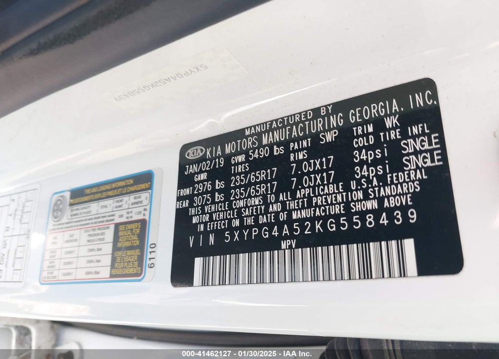 2019 KIA SORENTO 3.3L LX VIN: 5XYPG4A52KG558439