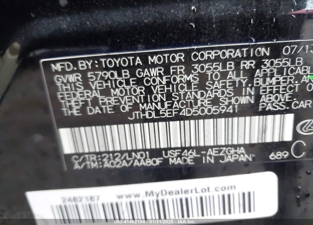 2013 LEXUS LS 460 L VIN: JTHDL5EF4D5005941