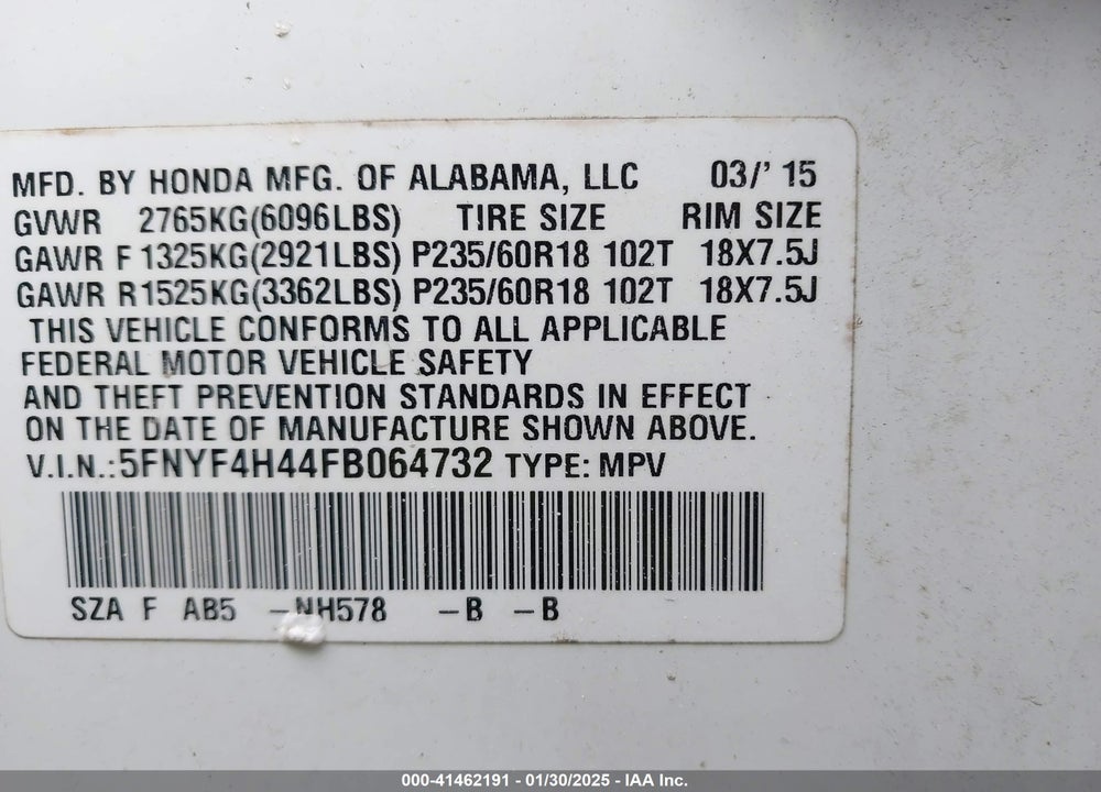 2015 HONDA PILOT EX VIN: 5FNYF4H44FB064732