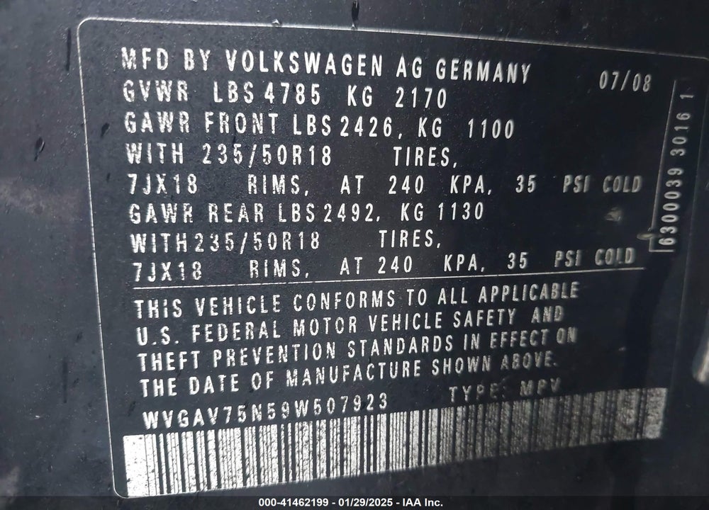 2009 VOLKSWAGEN TIGUAN S/SE/SEL VIN: WVGAV75N59W507923