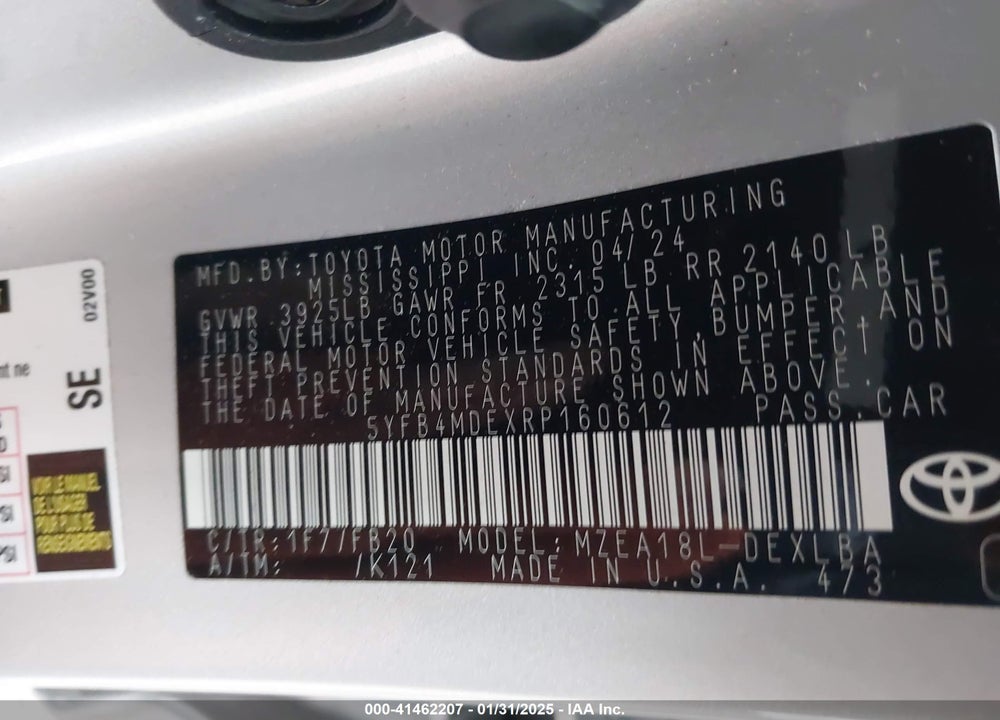 2024 TOYOTA COROLLA VIN: 5YFB4MDEXRP160612