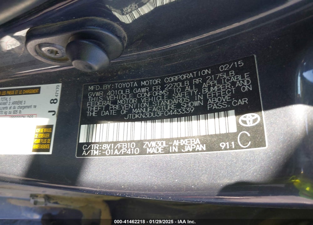 2015 TOYOTA PRIUS VIN: JTDKN3DU3F0443339