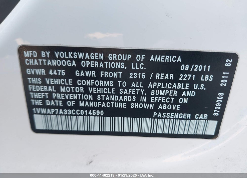 2012 VOLKSWAGEN PASSAT 2.5L S VIN: 1VWAP7A33CC014590
