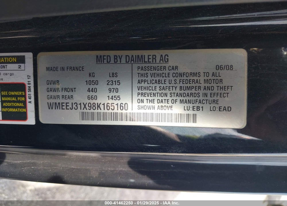2008 SMART FORTWO PASSION/PURE VIN: WMEEJ31X98K165160