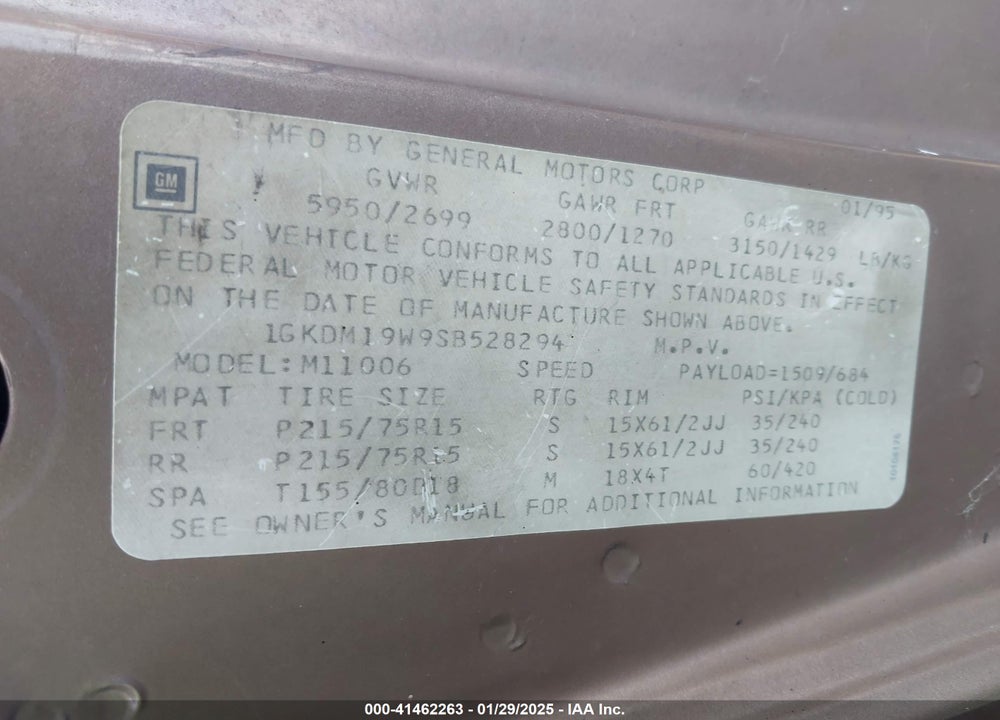 1995 GMC SAFARI XT VIN: 1GKDM19W9SB528294