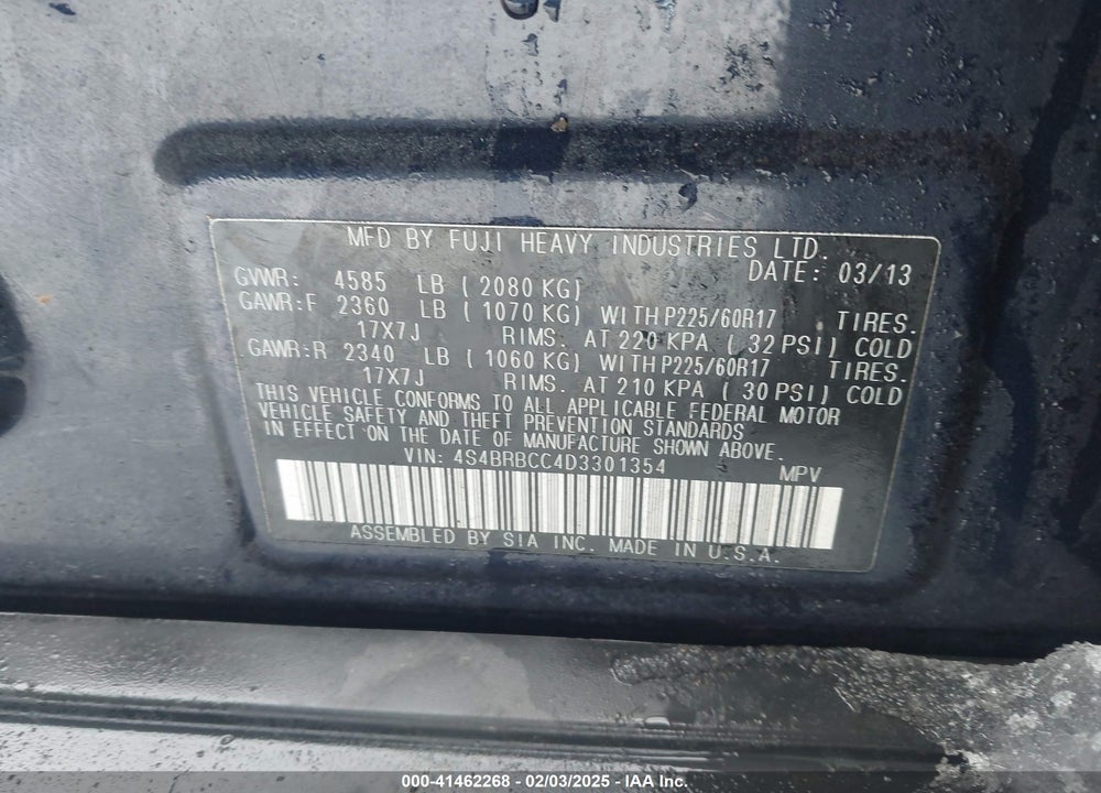 2013 SUBARU OUTBACK VIN: 4S4BRBCC4D3301354