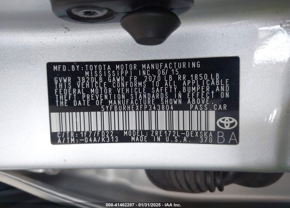 2015 TOYOTA COROLLA VIN: 5YFBURHEXFP343804