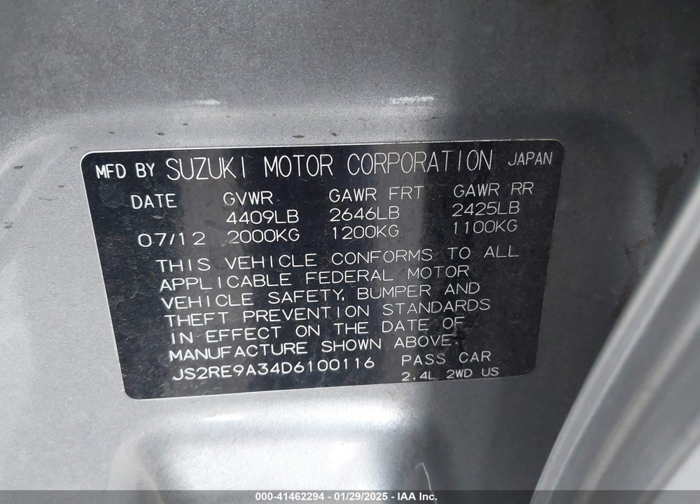 2013 SUZUKI KIZASHI VIN: JS2RE9A34D6100116