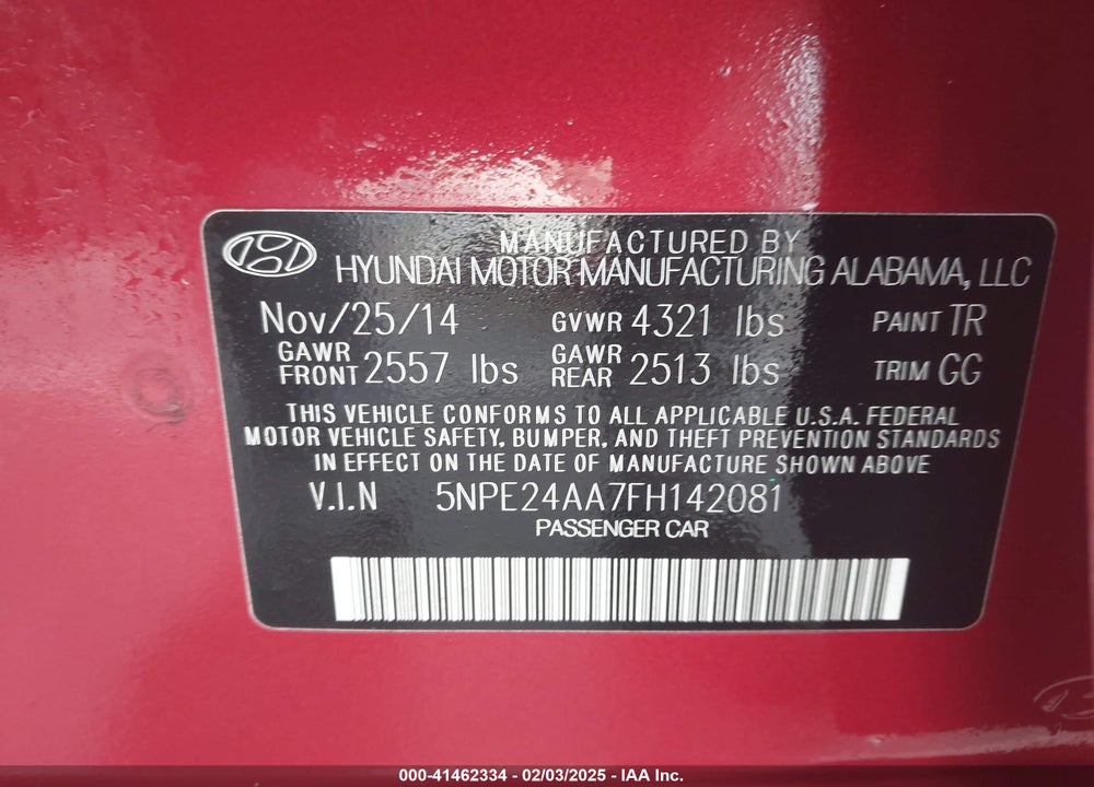 2015 HYUNDAI SONATA VIN: 5NPE24AA7FH142081