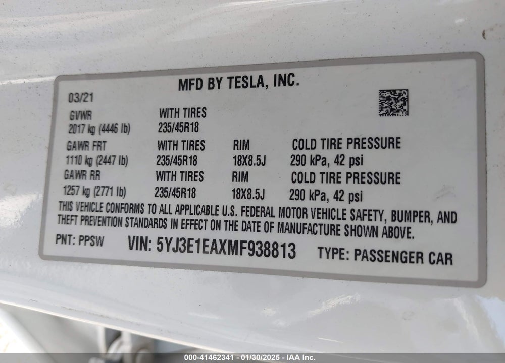 2021 TESLA MODEL 3 VIN: 5YJ3E1EAXMF938813