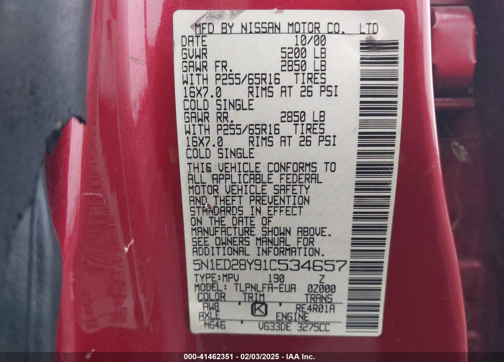 2001 NISSAN XTERRA SE VIN: 5N1ED28Y91C534657