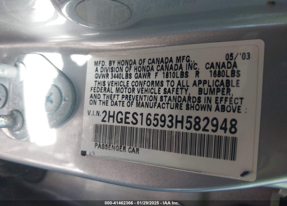2003 HONDA CIVIC LX VIN: 2HGES16593H582948