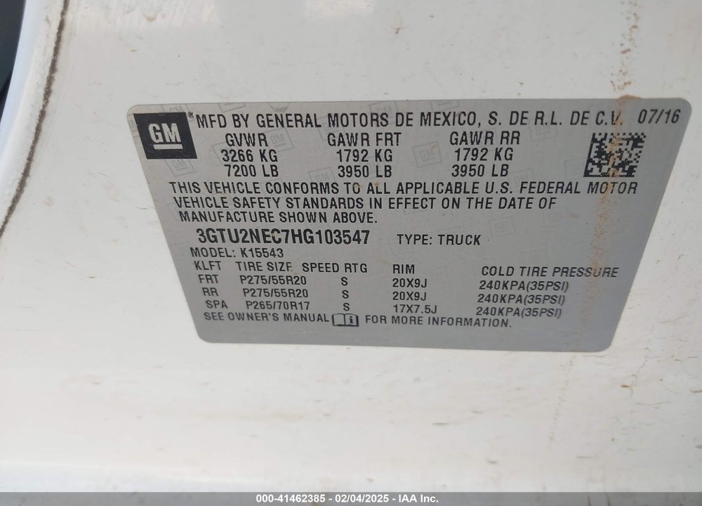 2017 GMC SIERRA 1500 SLT VIN: 3GTU2NEC7HG103547