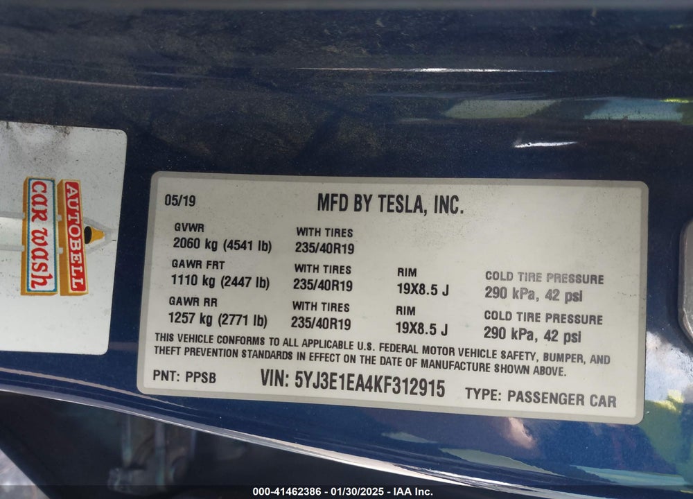 2019 TESLA MODEL 3 VIN: 5YJ3E1EA4KF312915