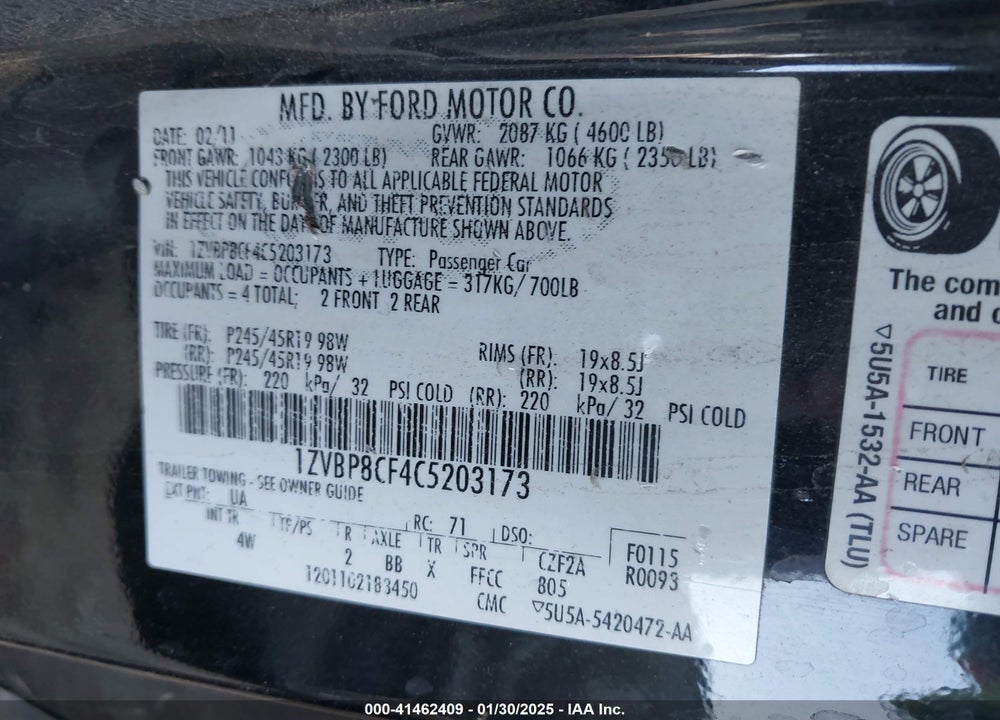 2012 FORD MUSTANG GT PREMIUM VIN: 1ZVBP8CF4C5203173
