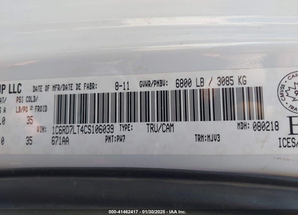 2012 RAM 1500 SLT VIN: 1C6RD7LT4CS106039
