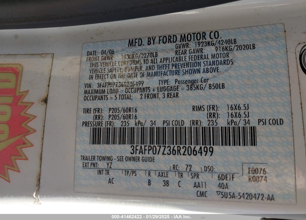2006 FORD FUSION SE VIN: 3FAFP07Z36R206499