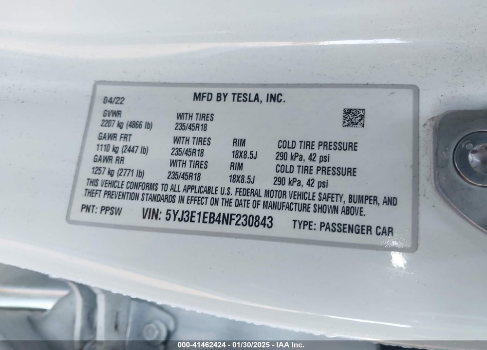 2022 TESLA MODEL 3 VIN: 5YJ3E1EB4NF230843