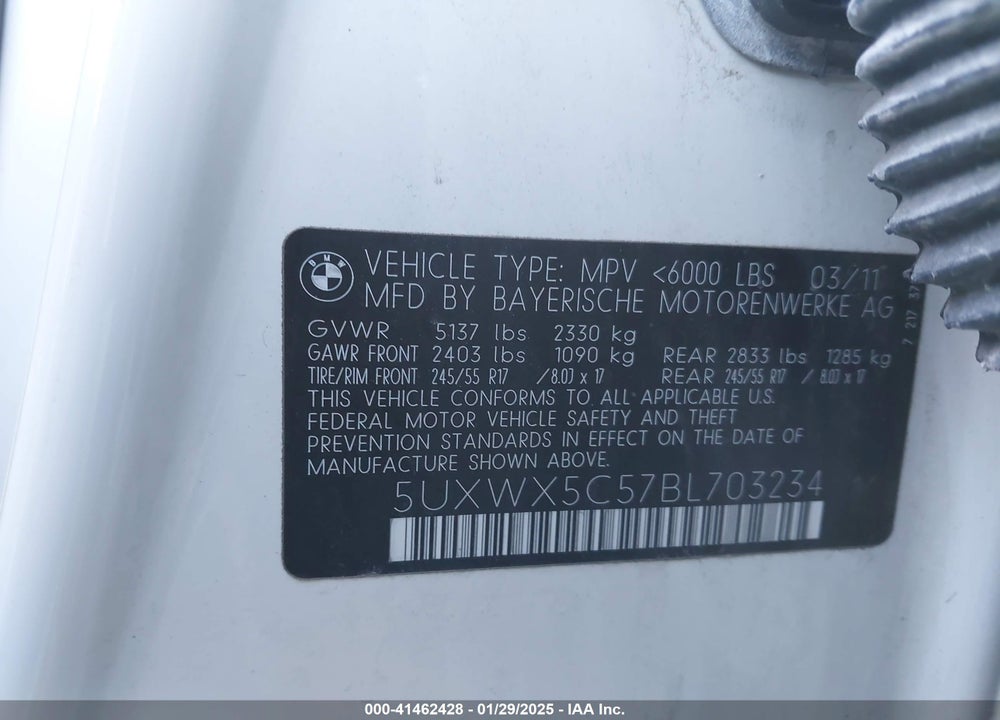 2011 BMW X3 XDRIVE28I VIN: 5UXWX5C57BL703234