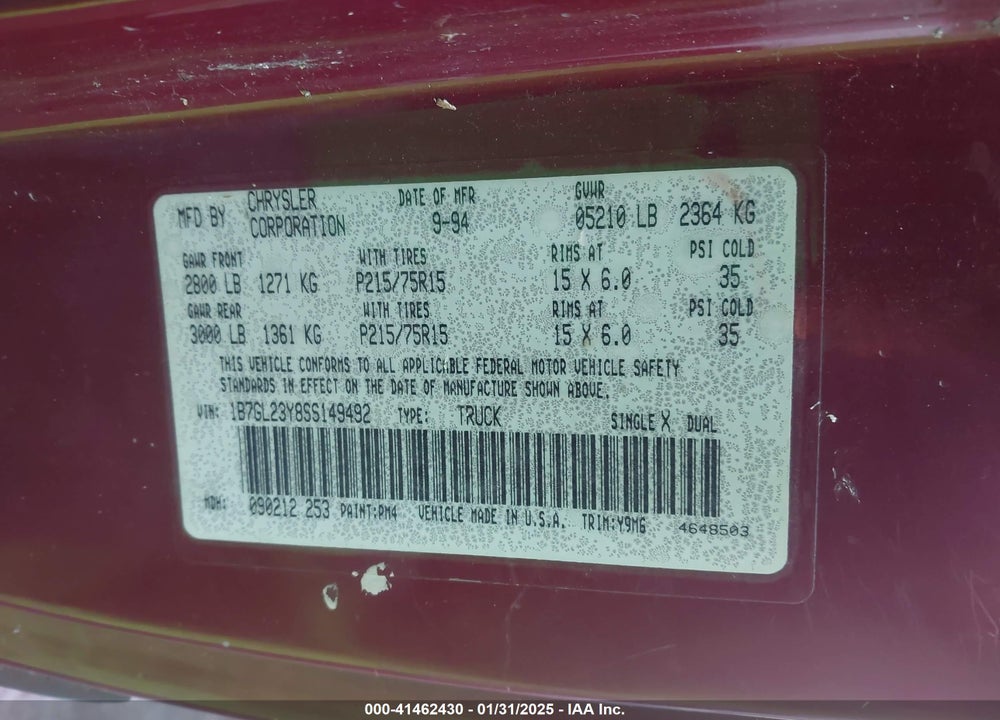 1995 DODGE DAKOTA VIN: 1B7GL23Y8SS149492
