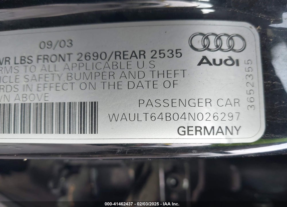 2004 AUDI A6 3.0 VIN: WAULT64B04N026297