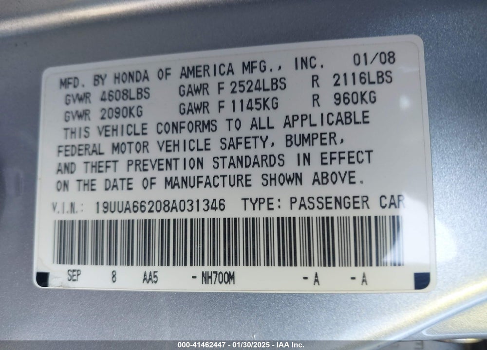 2008 ACURA TL VIN: 19UUA66208A031346