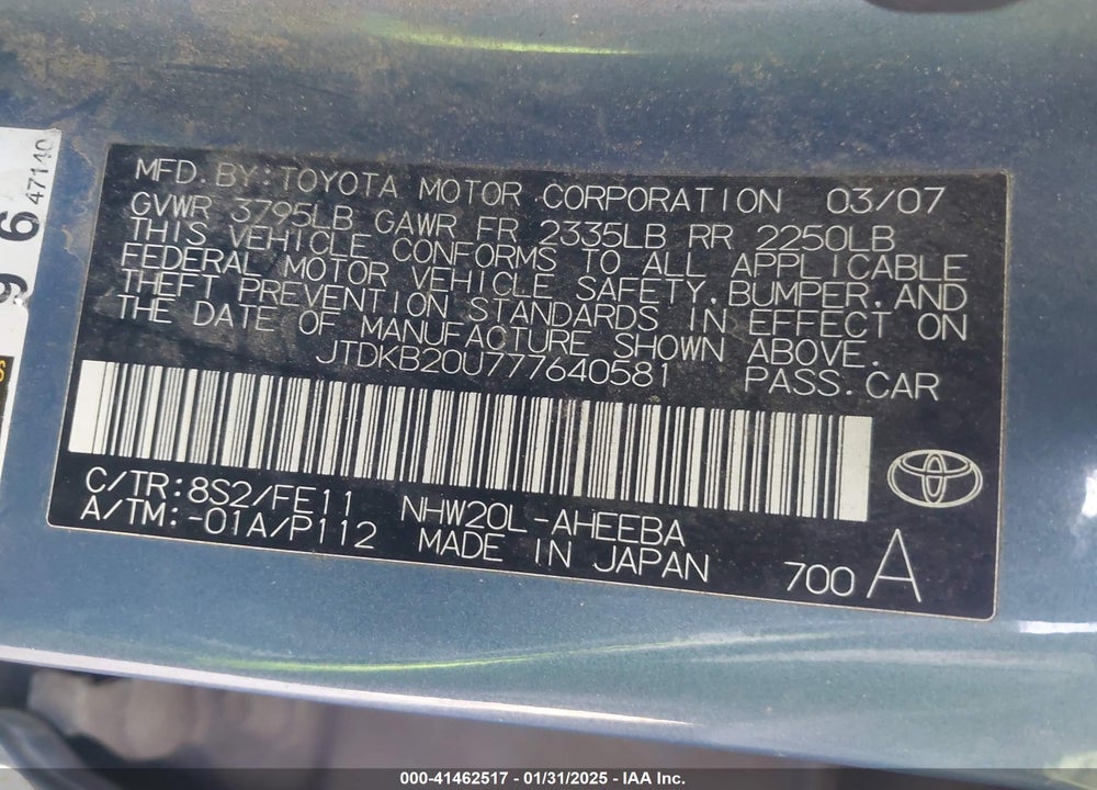 2007 TOYOTA PRIUS VIN: JTDKB20U777640581