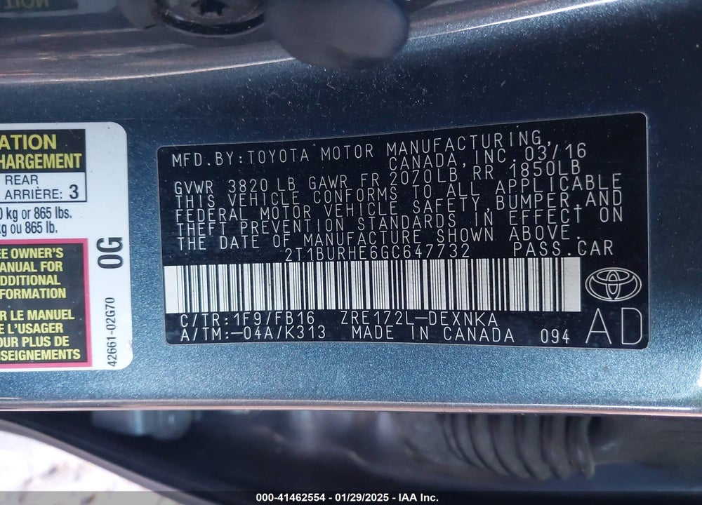 2016 TOYOTA COROLLA VIN: 2T1BURHE6GC647732