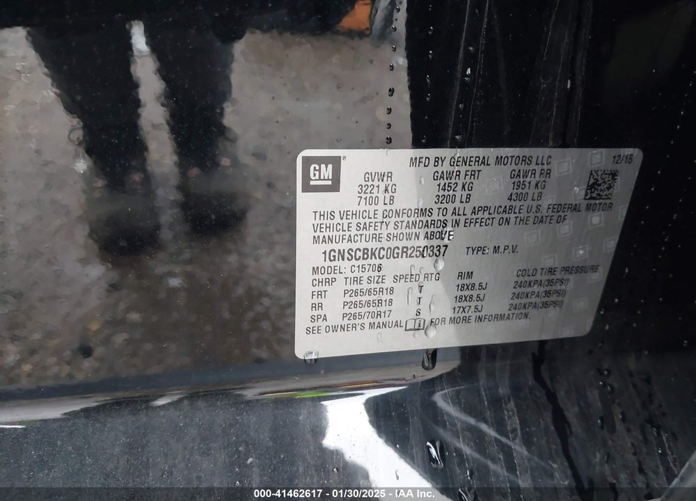 2016 CHEVROLET TAHOE LT VIN: 1GNSCBKC0GR250337