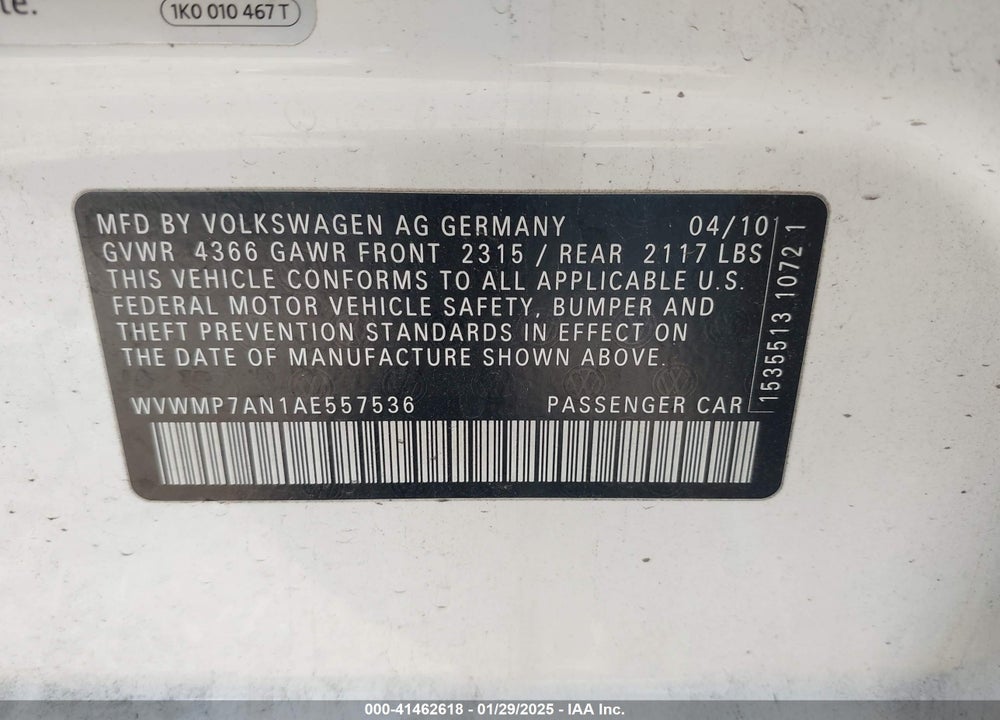 2010 VOLKSWAGEN CC VIN: WVWMP7AN1AE557536