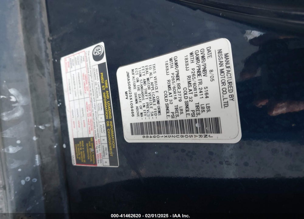 2005 INFINITI FX35 VIN: JNRAS08U25X109466