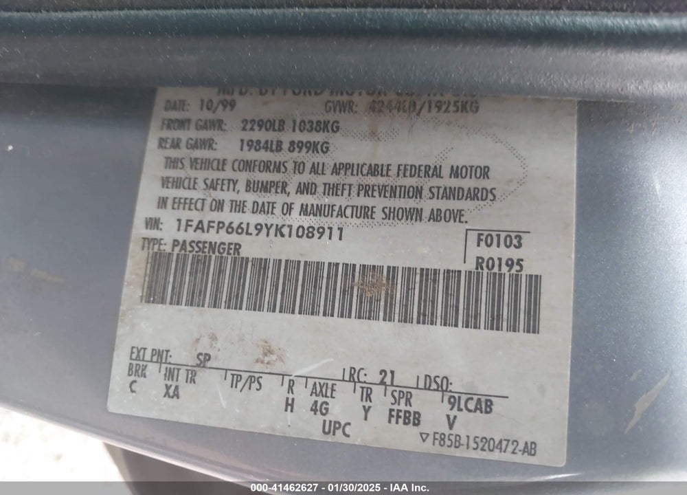 2000 FORD CONTOUR SE SPORT VIN: 1FAFP66L9YK108911