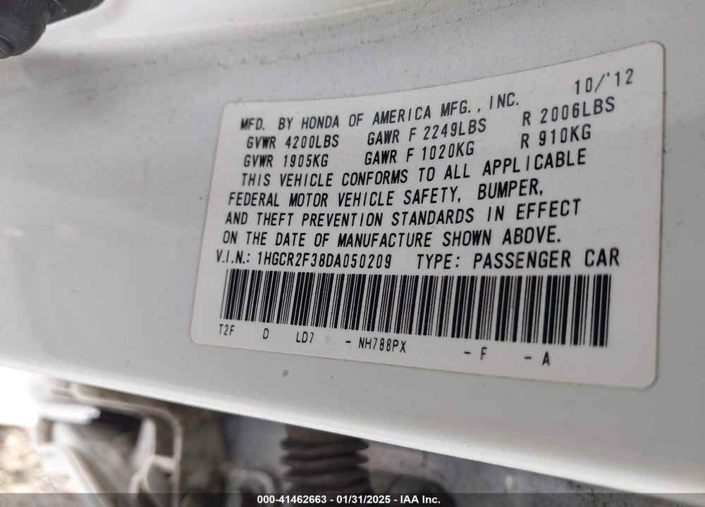 2013 HONDA ACCORD LX VIN: 1HGCR2F38DA050209