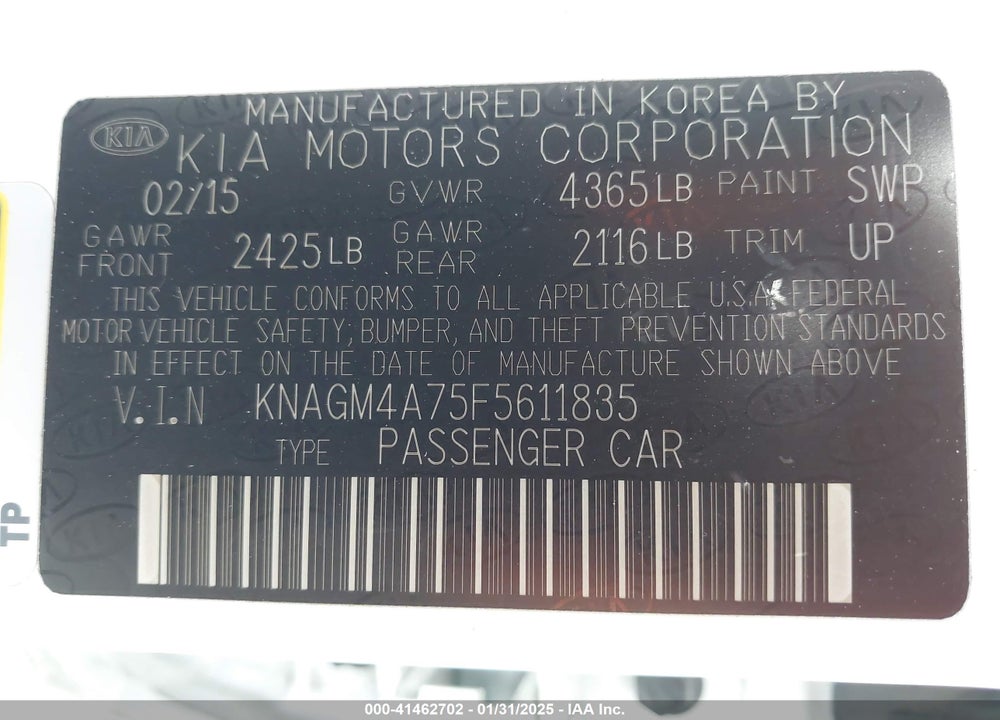 2015 KIA OPTIMA VIN: KNAGM4A75F5611835