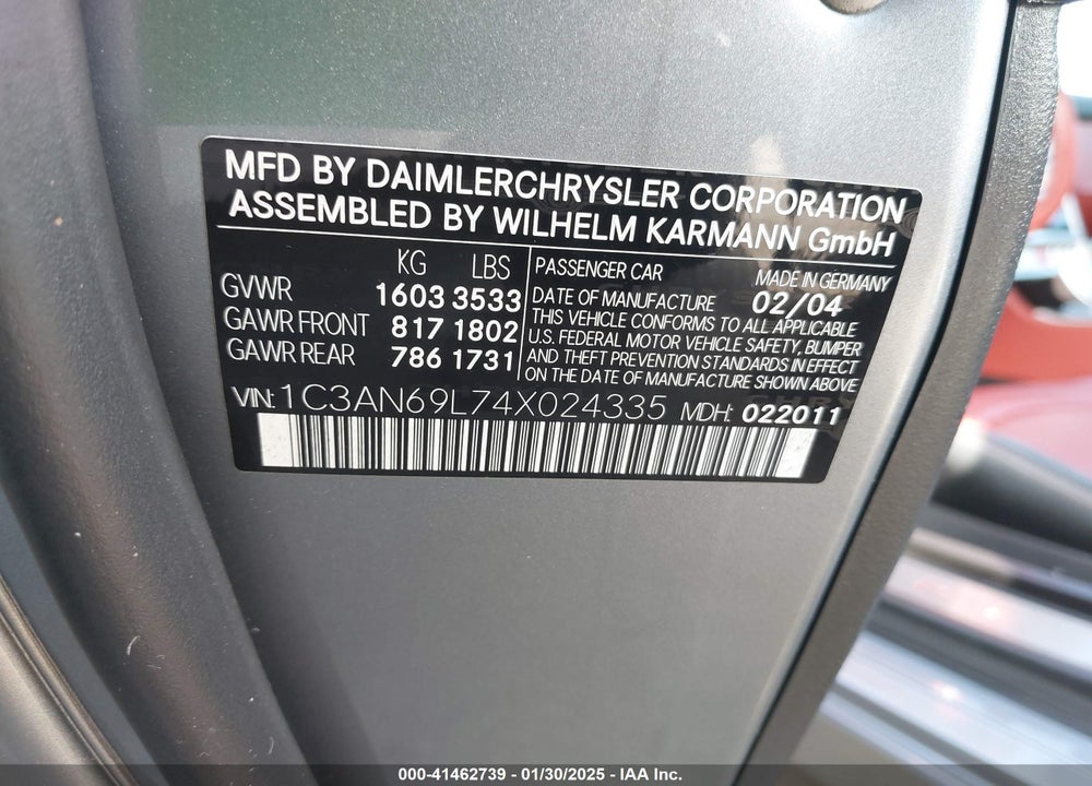 2004 CHRYSLER CROSSFIRE VIN: 1C3AN69L74X024335