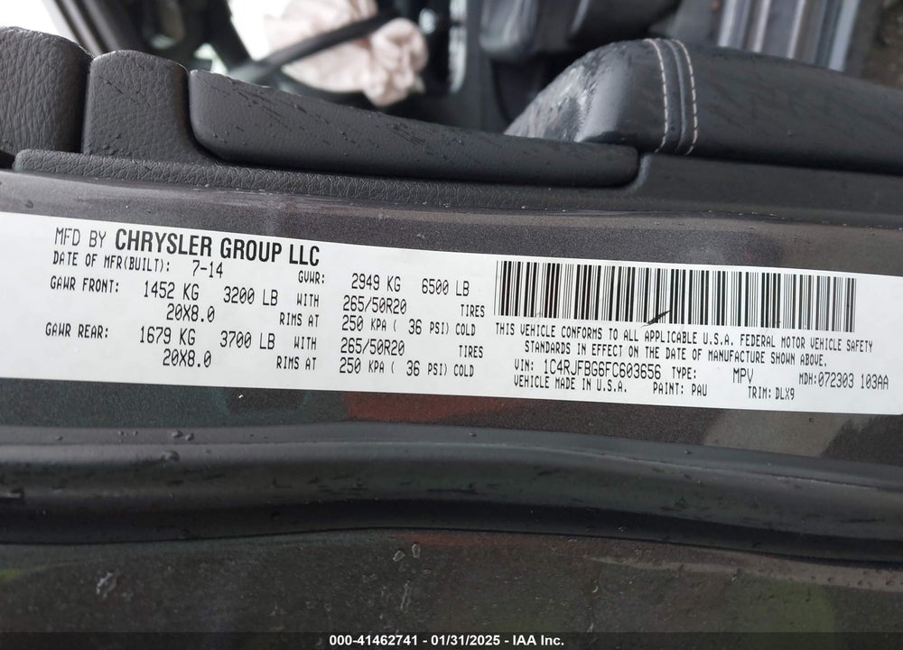 2015 JEEP GRAND CHEROKEE VIN: 1C4RJFBG6FC603656