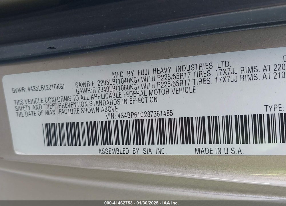 2008 SUBARU OUTBACK 2.5I/2.5I L.L. BEAN EDITION VIN: 4S4BP61C287361485