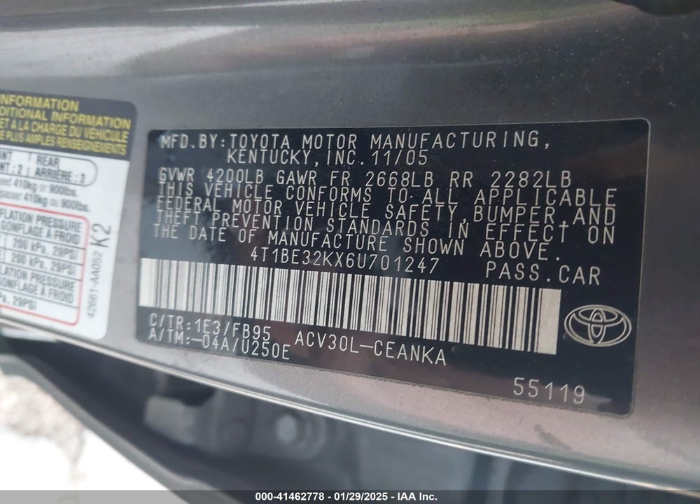 2006 TOYOTA CAMRY LE VIN: 4T1BE32KX6U701247
