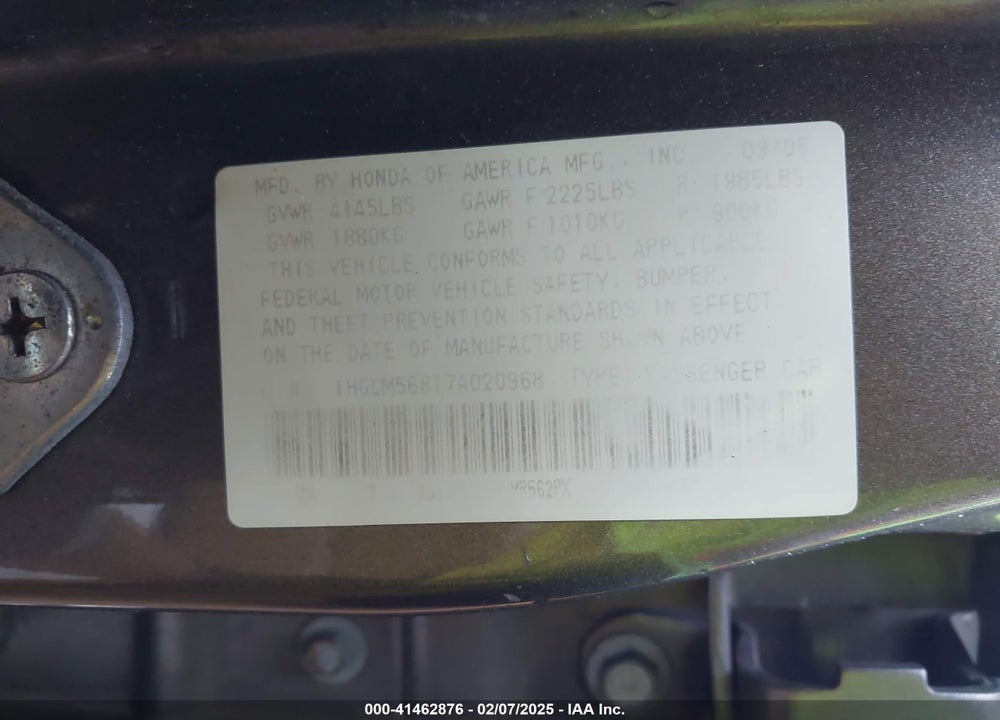 2007 HONDA ACCORD 2.4 EX VIN: 1HGCM56817A020968