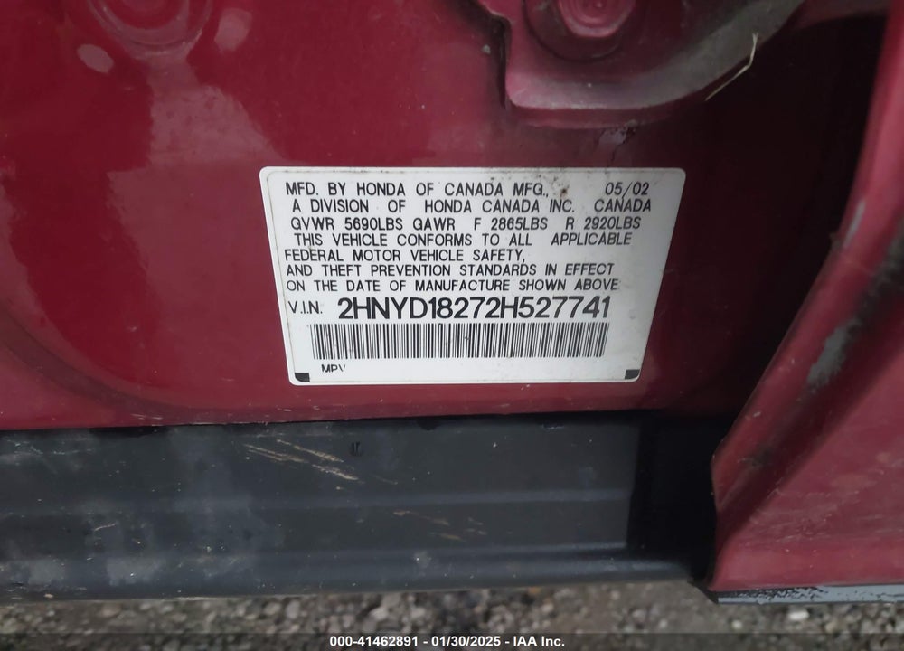 2002 ACURA MDX VIN: 2HNYD18272H527741