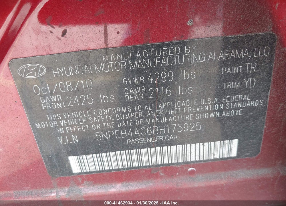 2011 HYUNDAI SONATA VIN: 5NPEB4AC6BH175925