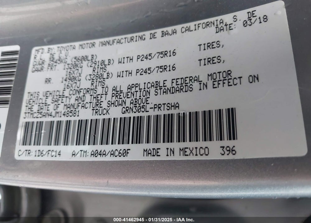 2018 TOYOTA TACOMA VIN: 3TMCZ5AN4JM148581