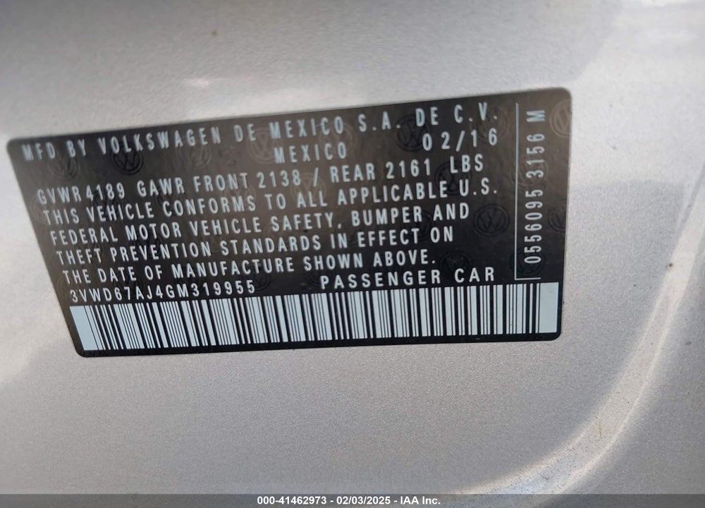2016 VOLKSWAGEN JETTA VIN: 3VWD67AJ4GM319955